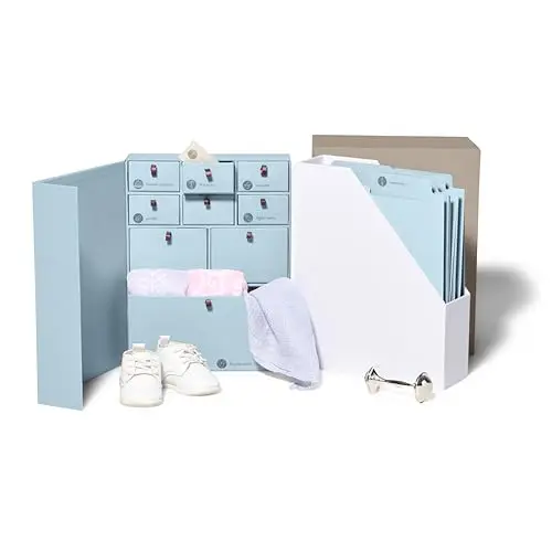 Savor Deluxe Baby Keepsake Box with multiple drawers and file folders in a blue fabric design