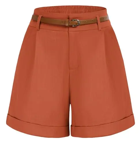 Belle Poque Linen Shorts High Waisted in orange color