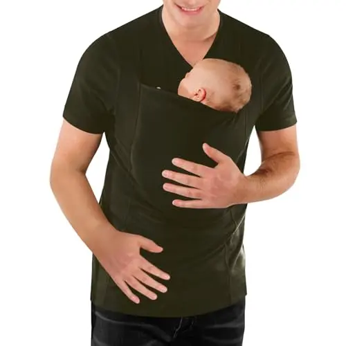 Thusfar Baby Carrier Shirt in army green with V-neck and pouch for infant