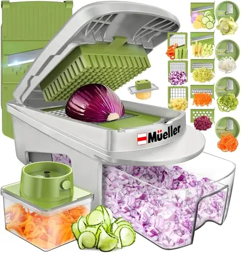 Mueller Pro-Series 12-blade mandoline slicer with food container on kitchen counter