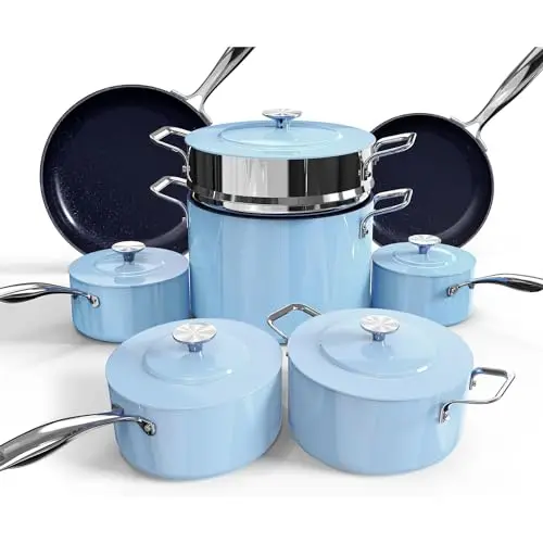 Nuwave Lux 13pc cookware set in poppy blue with multiple pots and pans