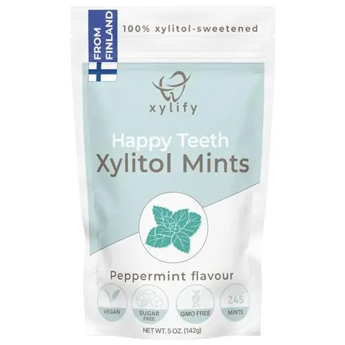 Happy Teeth Xylitol Mints from Finland in a blue and white box