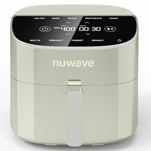Nuwave Brio Plus 8 Qt air fryer in vanilla cream color with digital touch screen
