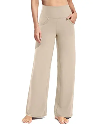 Promover wide-leg high-waisted yoga dress pants in light khaki.