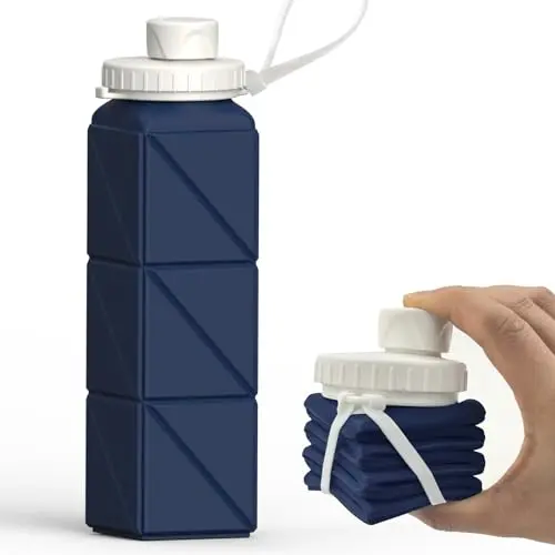 Dark blue silicone collapsible water bottle folded and unfolded