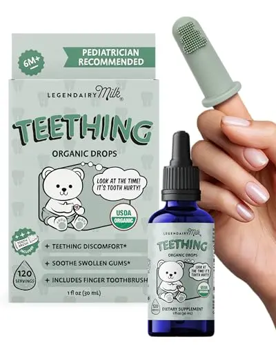Legendairy Milk Organic Teething Relief Drops with silicone finger toothbrush