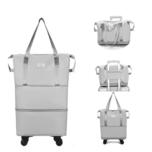 Gray foldable rolling duffel bag with wheels in expanded and collapsed states