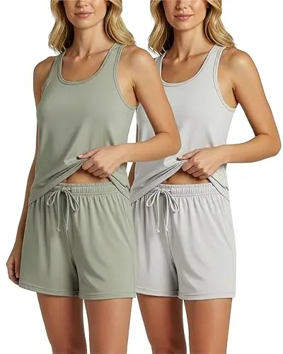 Real Essentials Tank Top and Shorts Pajama Set in plus sizes for summer wear
