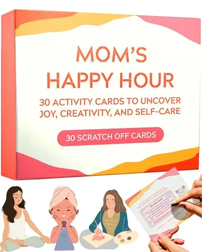 Set of 30 scratch-off activity cards in a box on a coffee table