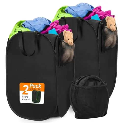 House Again Oxford Pop-up Laundry Hamper in black with side pockets, showing rectangular shape