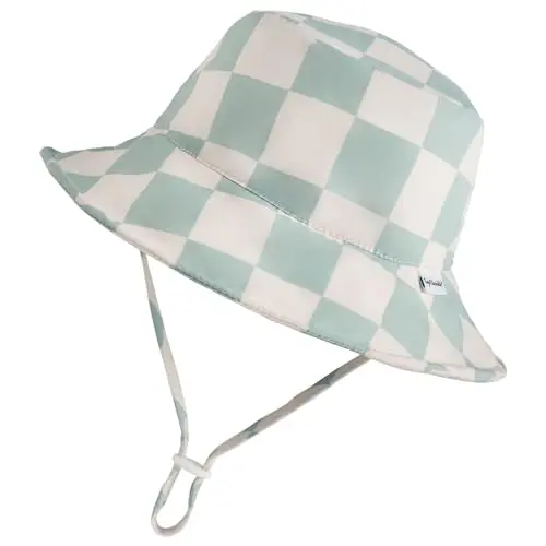 Tiny Twinkle sage checkers pattern baby bucket hat with adjustable brim