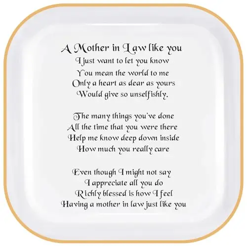 A white and gold ceramic jewelry dish engraved with loving messages for a mother-in-law.