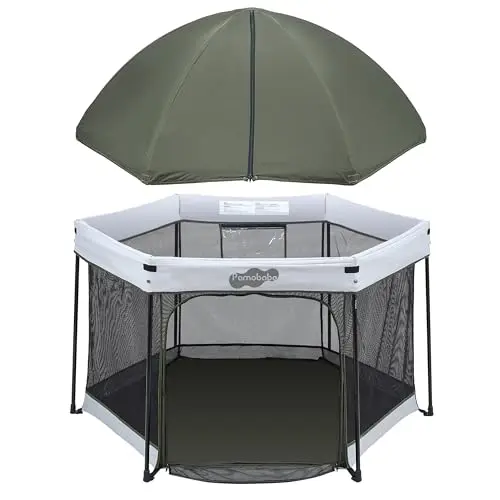 Pamo Babe green baby playpen with full coverage sun canopy outdoors