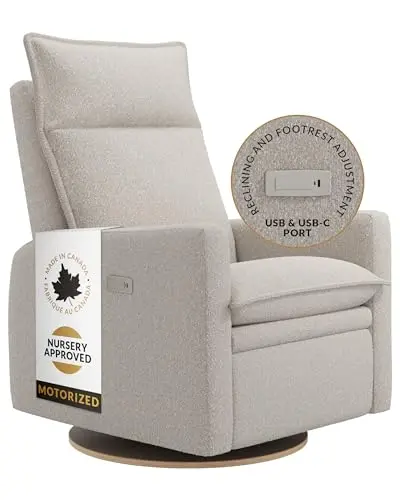Arya modern motorized nursery glider recliner in vanilla fabric with USB ports