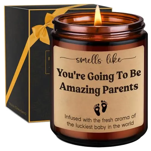 GSPY brown round soy wax candle with message 'Smells like you're going to be amazing parents'