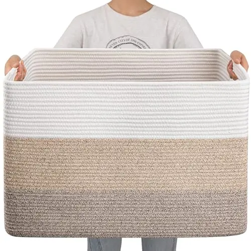 Large, rectangular, gradient brown woven cotton rope basket with sturdy handles