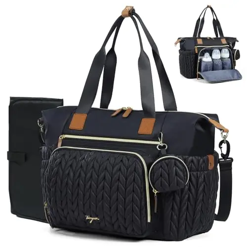 Tonyeee black quilted herringbone nylon diaper bag tote