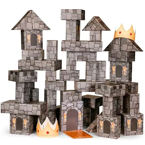National Geographic 45-piece cardboard block set with castle theme, drawbridge, and crowns