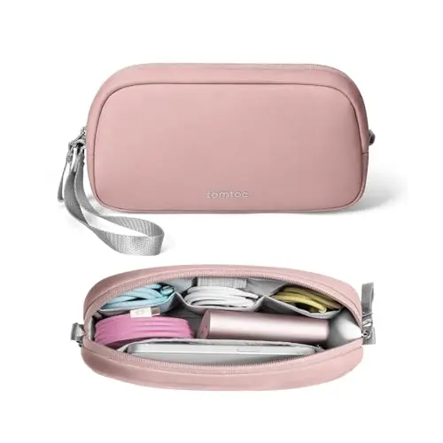 Tomtoc Light-T12 electronics organizer in pink, with a slim, hard-shell design.