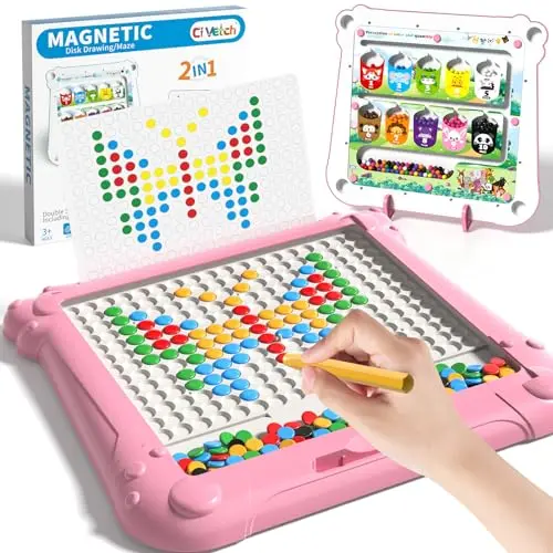 Double-sided magnetic board with dot art on one side and a color/number maze on the other