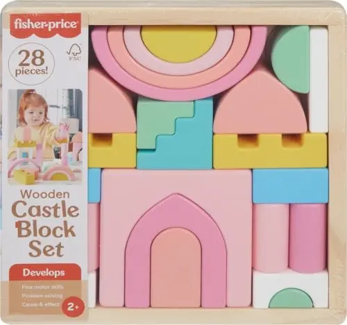 Fisher-Price wooden castle building blocks with colorful shapes and playboard