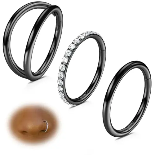 WYR 3-Piece Black Surgical Steel Nose Rings with CZ and Double Hoop