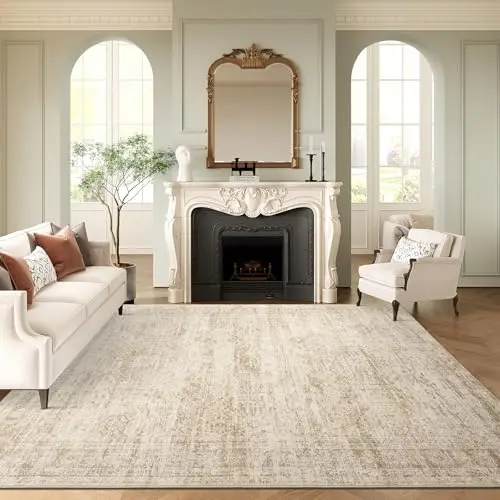 Soalmost vintage beige 8x10 washable area rug with geometric pattern