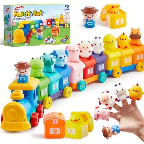 Joyin colorful wooden farm train with animals and numbered barns