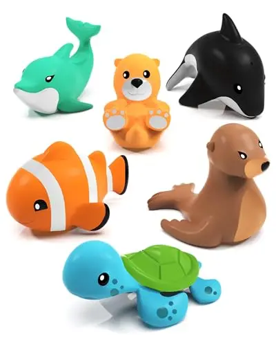 Tub Works Mold Free Bath Toys set of six sealed, squeezable marine animal shapes.