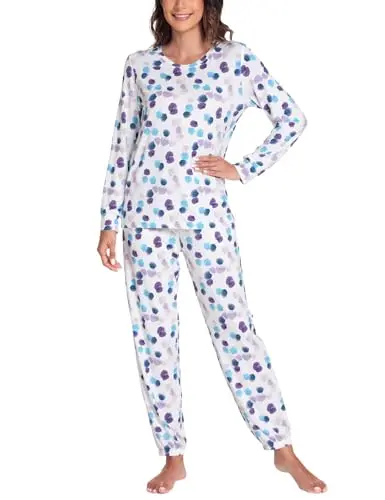 GYS women's long sleeve bamboo viscose pajama set with jogger pants in Purple Dots