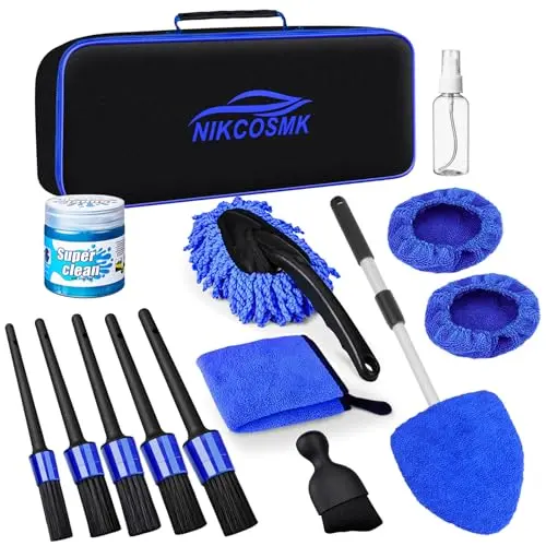 NIKCOSMK blue car interior detailing kit with windshield cleaner and brushes