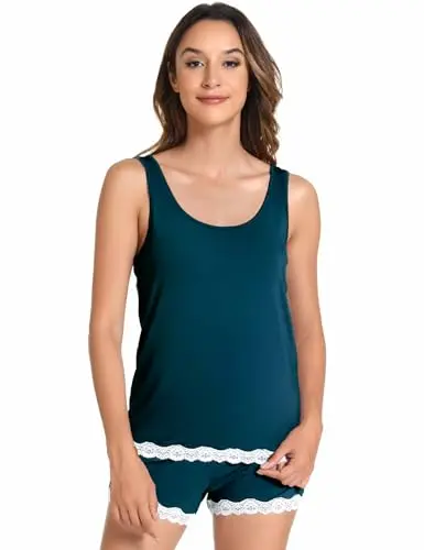 GYS women's ultra-soft bamboo viscose pajama set with lace trim in Peacock Blue