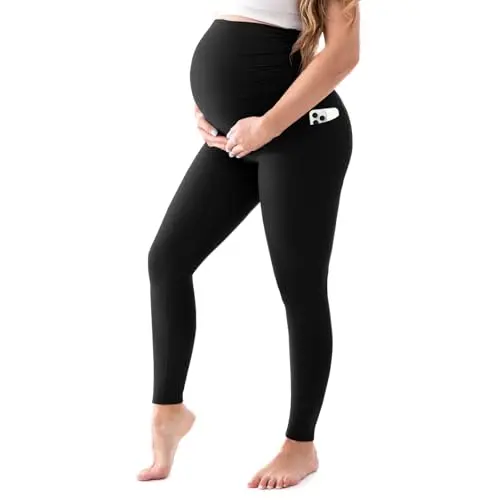 Walifrey basic black maternity leggings with a high waist, shown laid flat