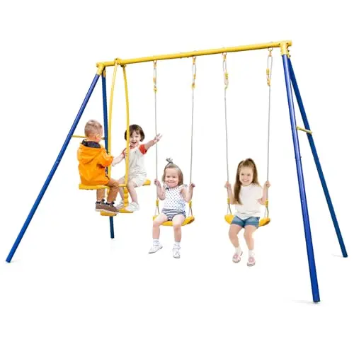 Costzon blue and yellow metal swing set with two belt swings and a two-person glider