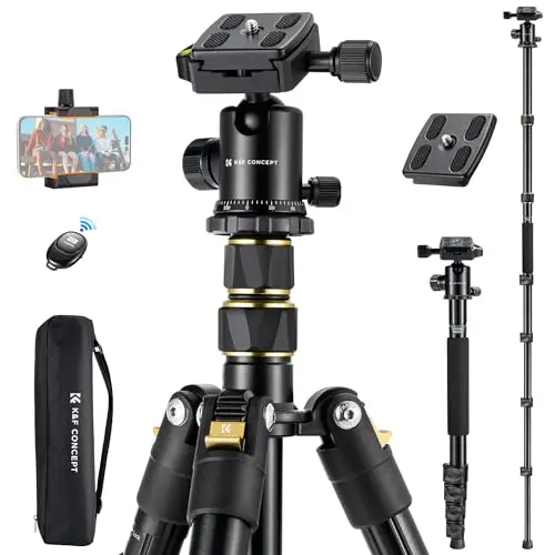 K&F CONCEPT 72-inch aluminum travel tripod with ball head, remote, and phone holder.