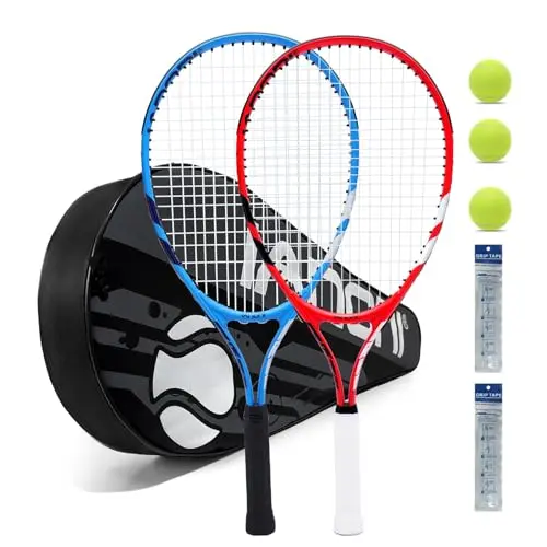 KUIWA set of two blue and red 23-inch tennis rackets with balls and accessories