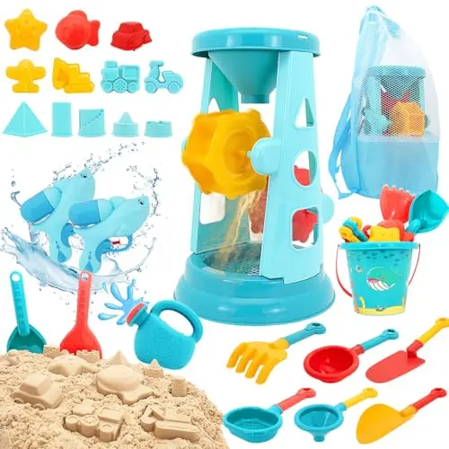 LUCKFUTURE 25-piece beach toy set with water guns and molds in a mesh bag