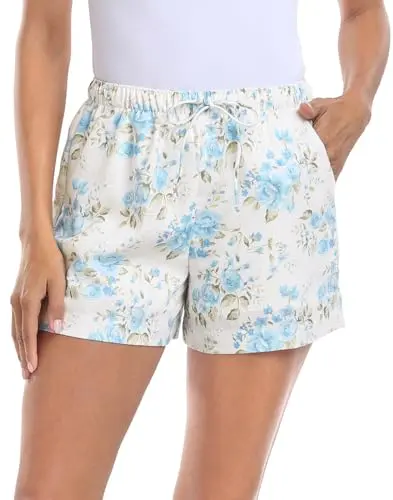 HDE Women's Linen Blend Drawstring Shorts in blue floral pattern on model