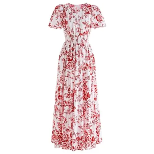 Chicwish women's red floral maxi dress with short bubble sleeves and elastic waist