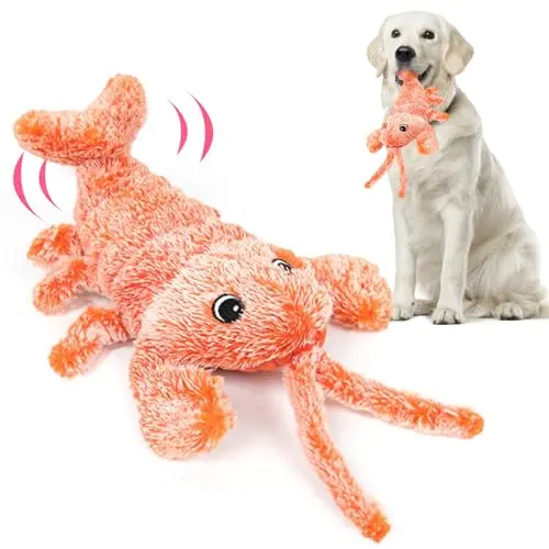 Red lobster-shaped interactive dog toy that wiggles when touched