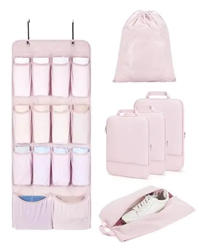 BAGSMART Hanging Compression Packing Cubes set in baby pink with hanging shelves