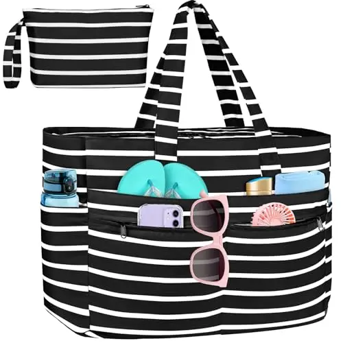 HUANLANG XXL striped beach tote with waterproof wet compartment.