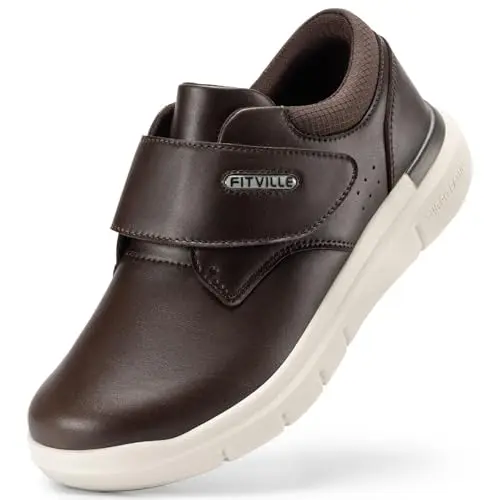 FitVille Men's Leather Diabetic Walking Shoes in Dark Brown
