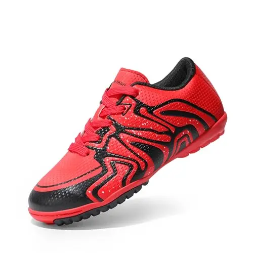 DREAM PAIRS boys girls indoor turf soccer cleats in red, black, and white