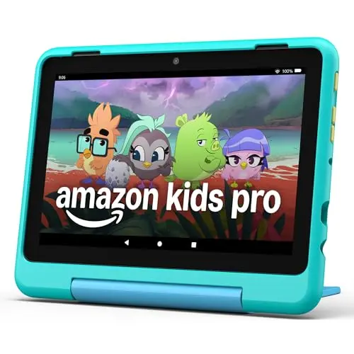 Amazon Fire HD 8 Kids Pro tablet in Hello Teal with a slim case