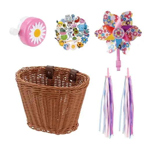 Little World Kids Bike Basket in blue, mounted on a children's bicycle handlebar with colorful ribbons and a windmill attached.