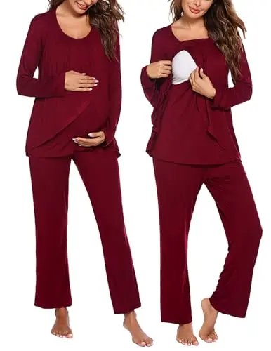 Ekouaer long sleeve maternity nursing pajama set in wine red, showing the top and pants with pockets.