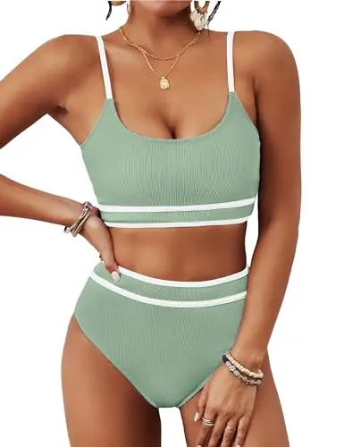 BMJL women's high-waisted ribbed bikini set in color block design
