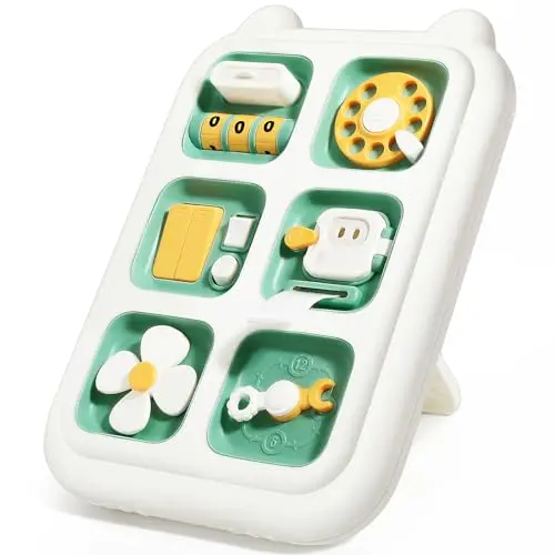 Topsolid green busy board with airplane-themed activities for toddlers