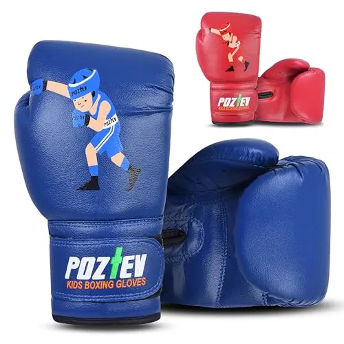 POZTEV blue kids boxing gloves with velcro strap on a punching bag
